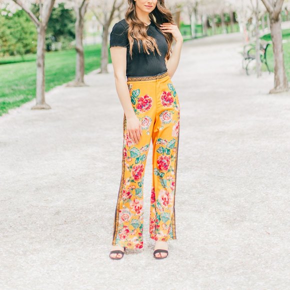 Jealous Tomato Floral Pants in Dark Mustard - Picture 1 of 2